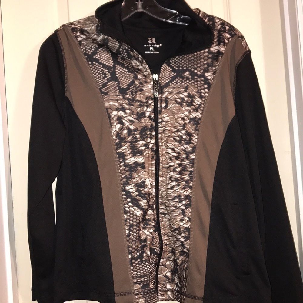 Ac-tiv-ology Women's Black Brown Snake Print Full Zip Athletic Jacket Size PL
